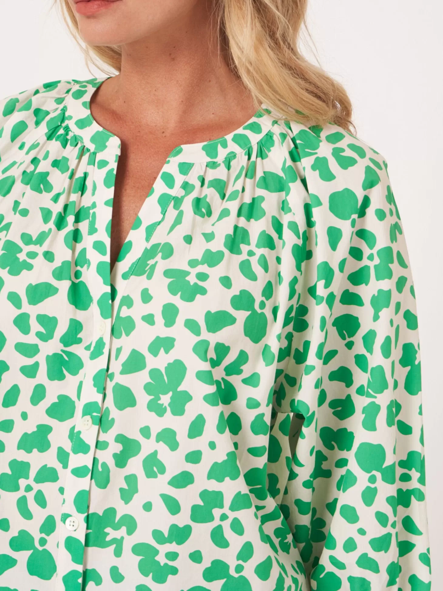 REPEAT cashmere Blouse En Coton A Manches Bouffantes Et Imprime Floral Basil Discount