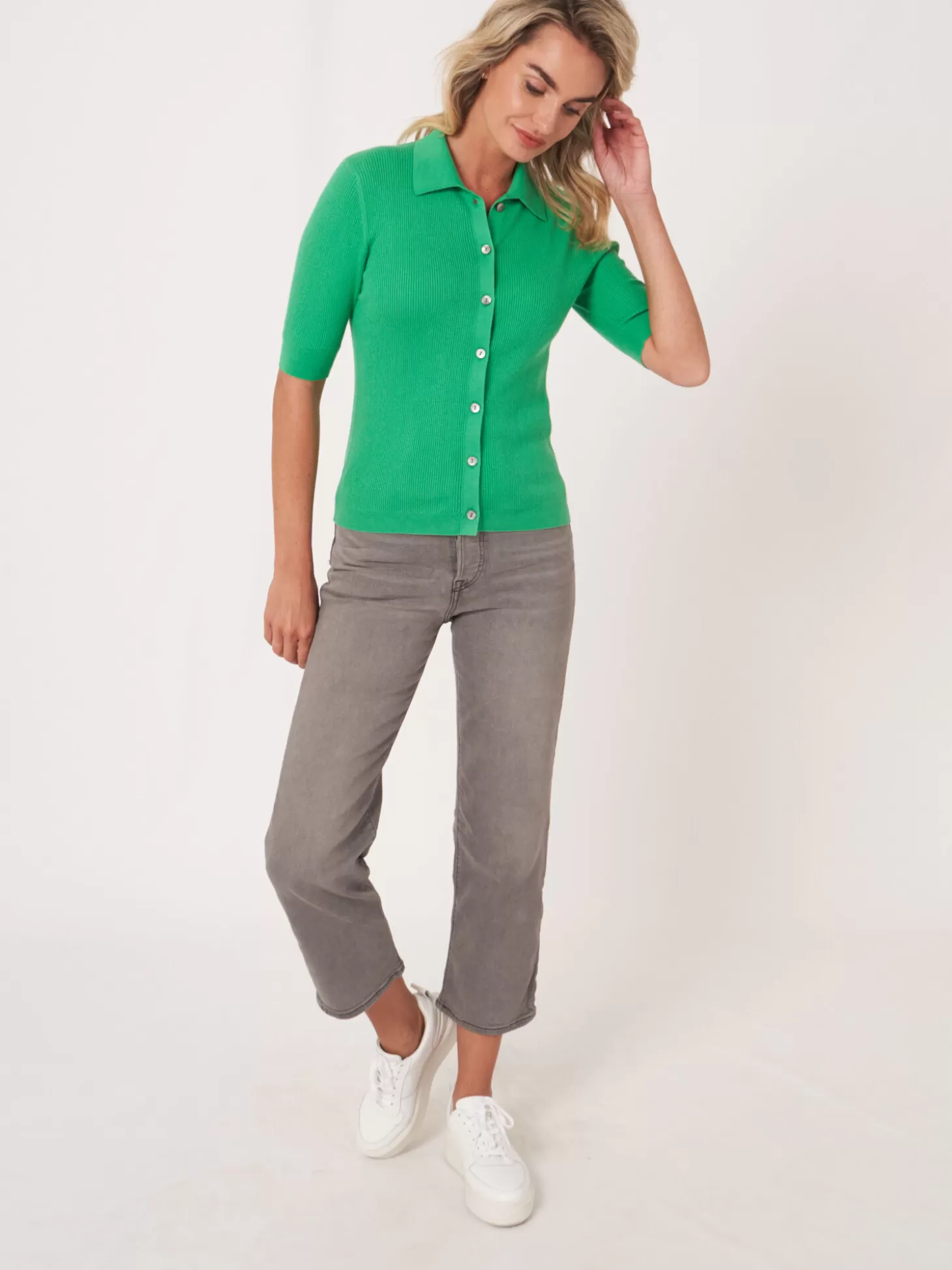REPEAT cashmere Cardigan A Manches Courtes Et Col Polo En Maille Cotele Super Fine Basil Store