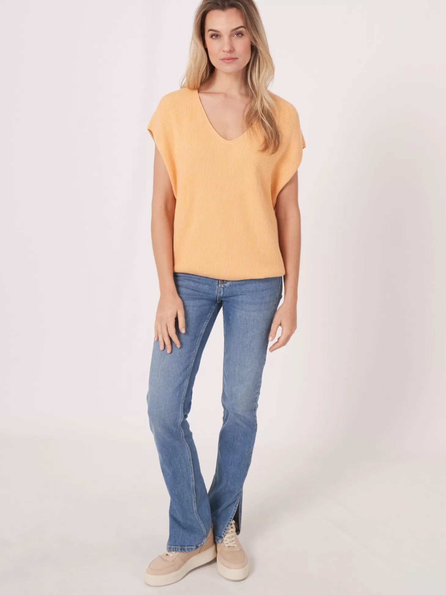 REPEAT cashmere Haut Tricote A Col En V En Melange Coton Cachemire Glow Discount