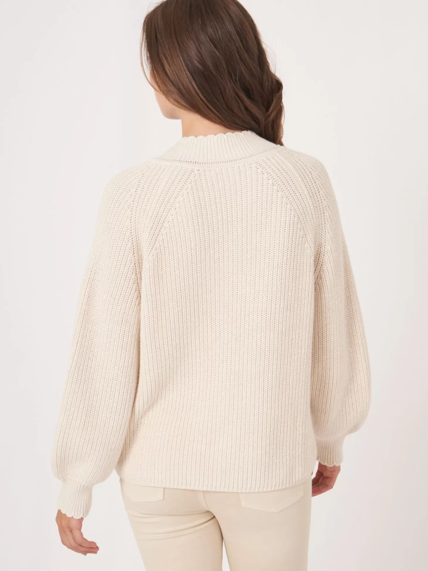 REPEAT cashmere Pull A Col En V Cotele Avec Bord Festonne Ivory Best Sale