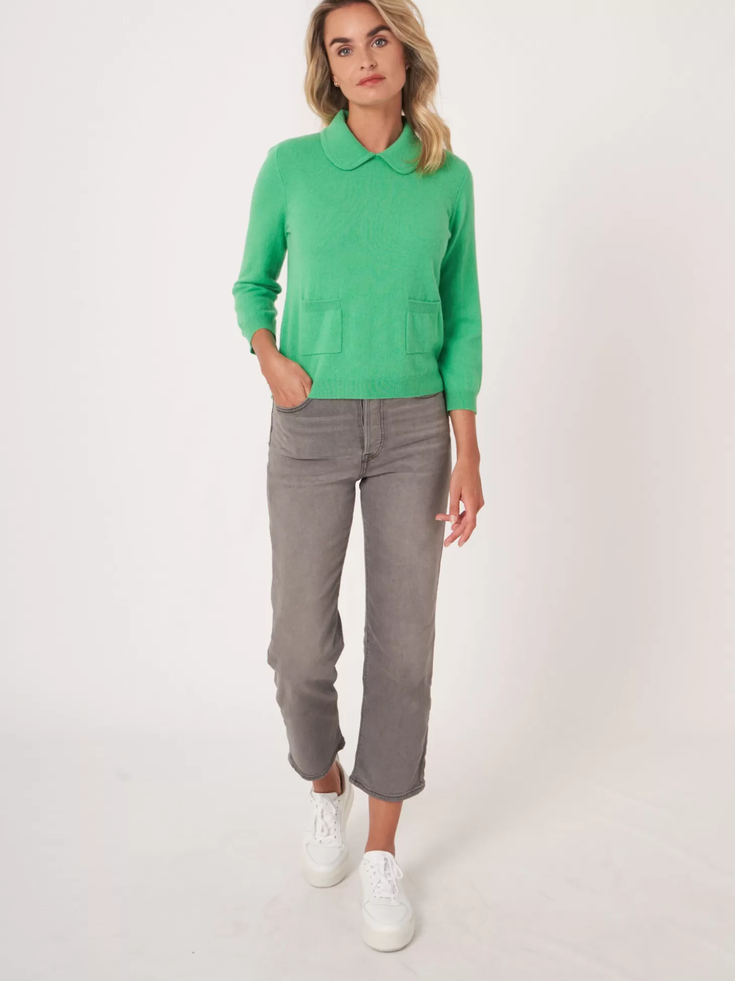 REPEAT cashmere Pull En Cachemire Biologique Avec Col Polo Et Poches Sur Le Devant Basil Clearance