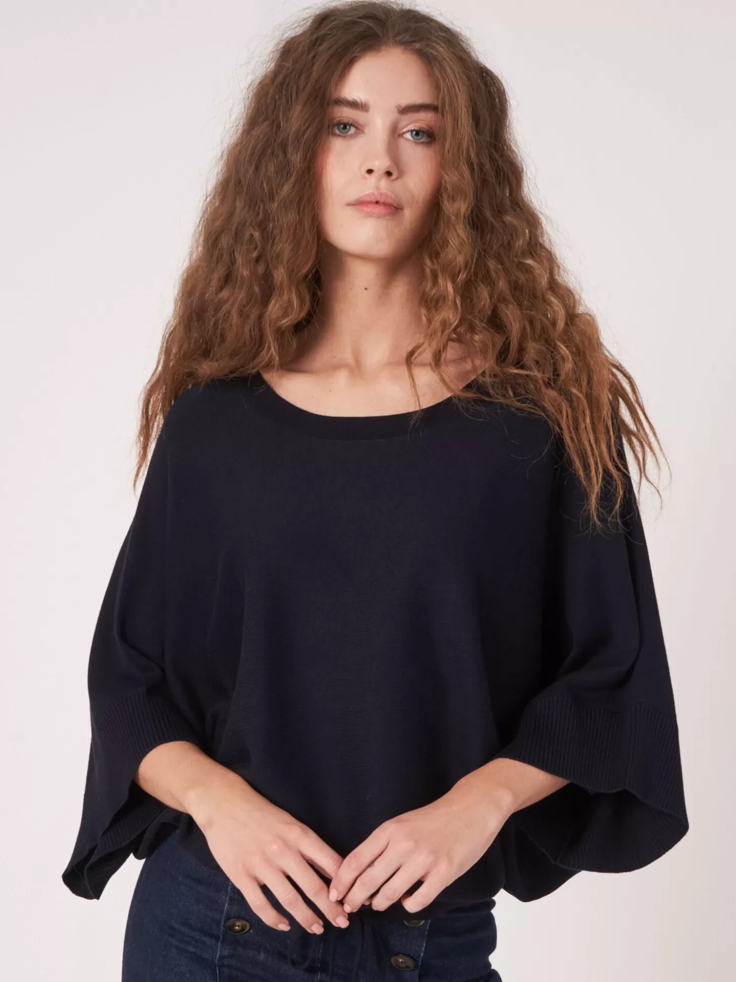 REPEAT cashmere Pull-Over Poncho En Coton Melange Avec Cordon De Serrage Navy Store