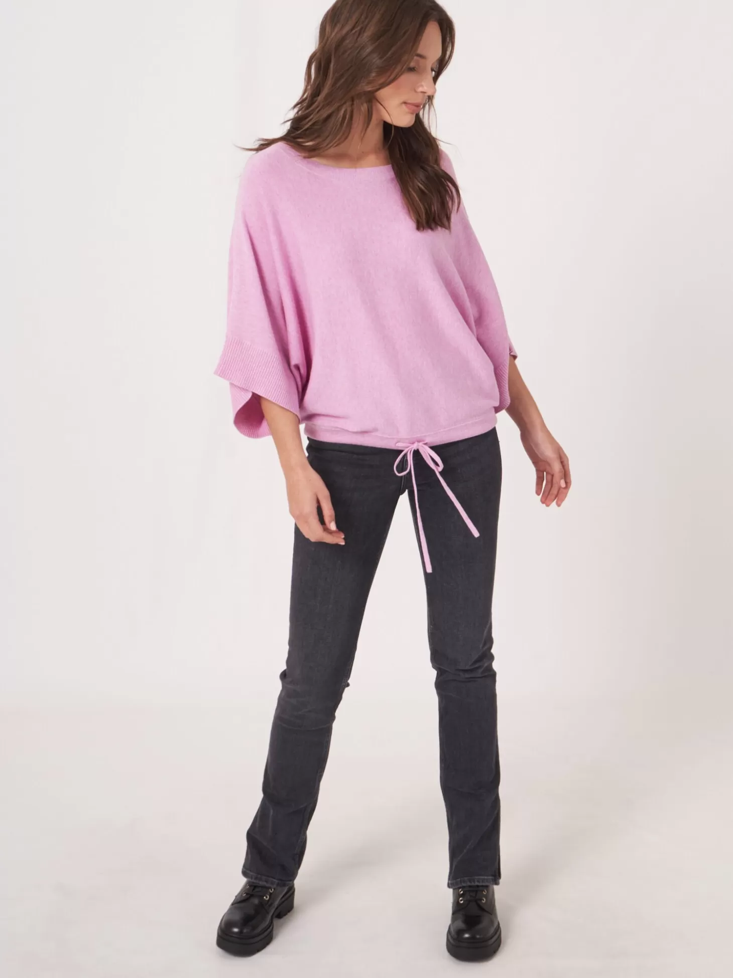 REPEAT cashmere Pull-Over Poncho En Coton Melange Avec Cordon De Serrage Orchid Cheap