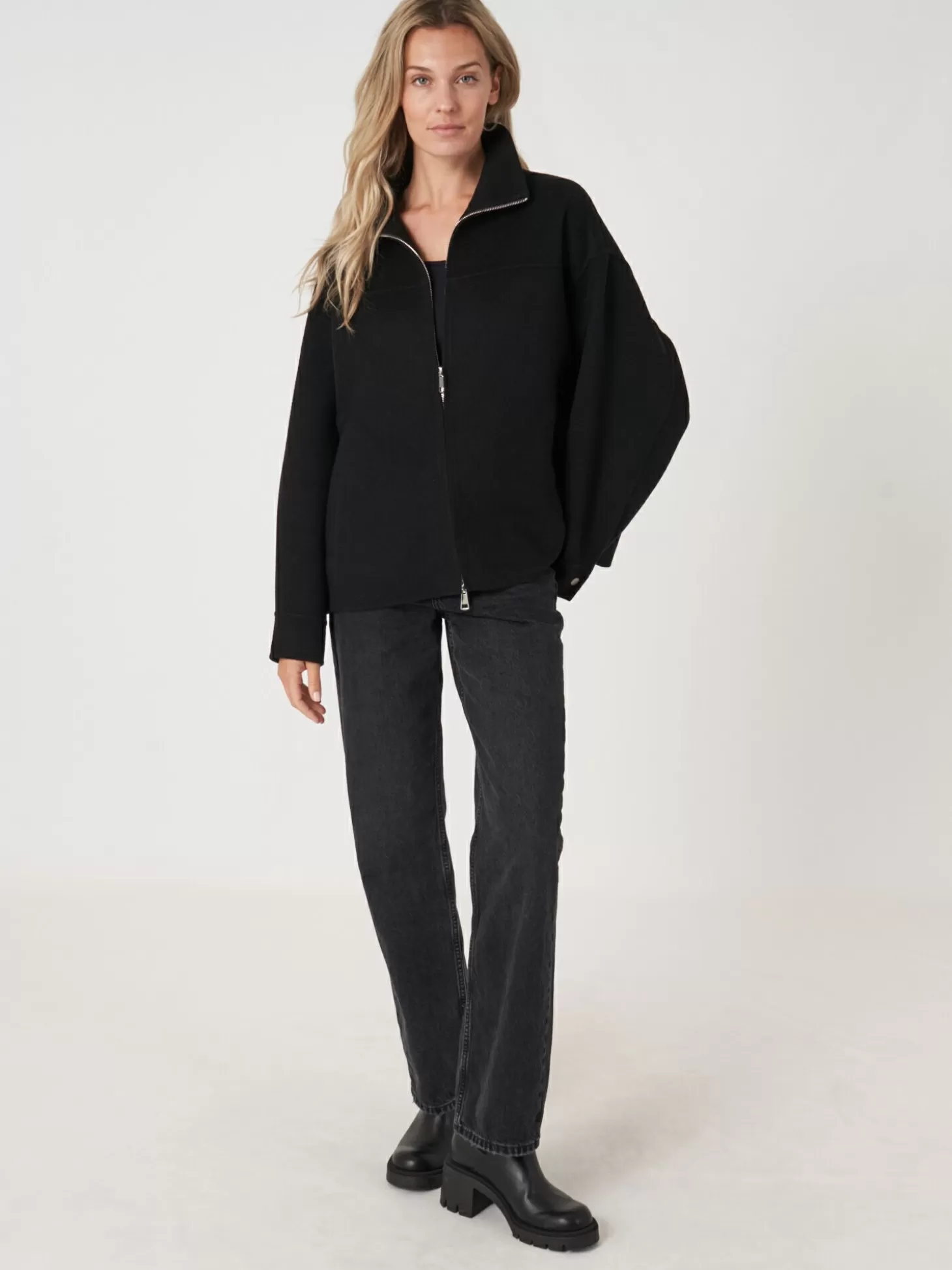 REPEAT cashmere Veste En Laine Melangee Avec Fermeture Eclair A Double Sens Black Fashion